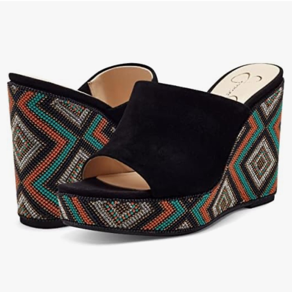 Jessica Simpson Black and Orange Wedge Sandals